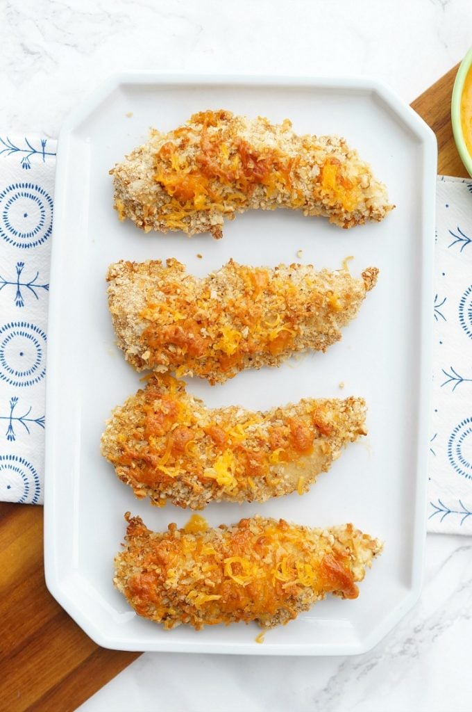 Platter of Cheddar & Pretzel Crusted Baked Chicken for dinner