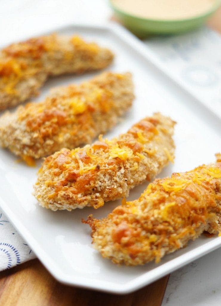 Cheddar and Pretzel Baked Chicken on a serving plate after baking