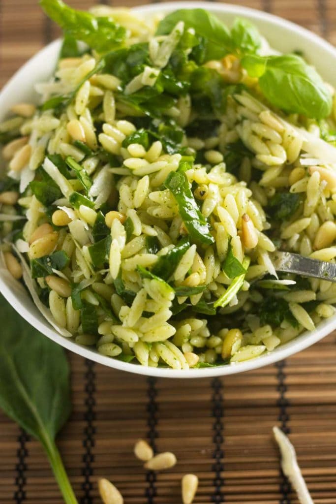 A bowl of pasta salad