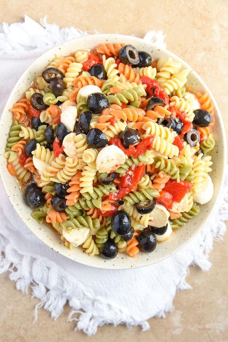 A bowl of pasta salad