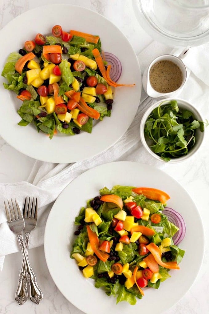 overhead photo of two black bean and mango salads