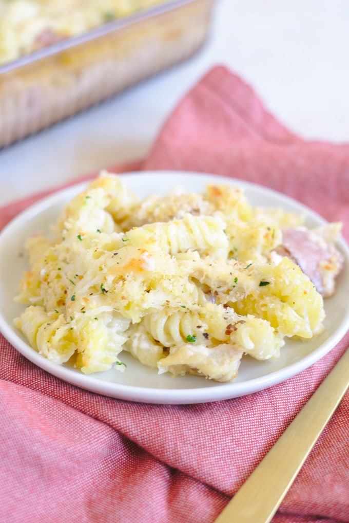 chicken cordon bleu casserole on a dinner plate