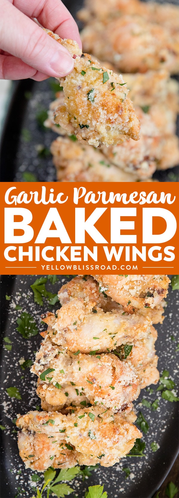 Crispy Baked Garlic Parmesan Chicken Wings in garlic parmesan sauce - two images with title text collage