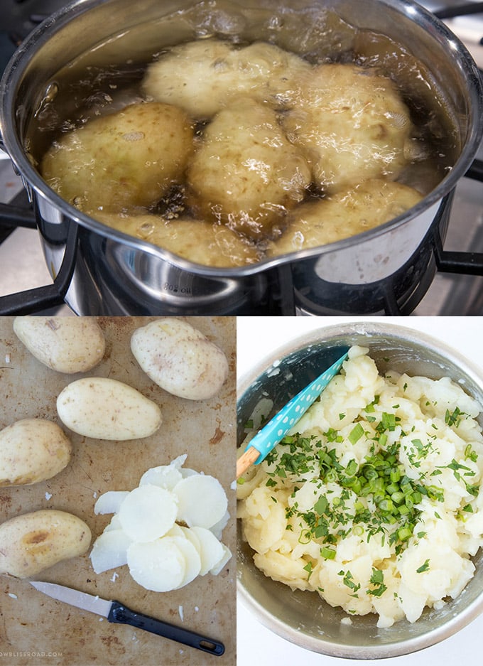 Authentic German Potato Salad is a cold salad made with an oil & vinegar dressing that is traditionally served in the Swabian region of Southern Germany. German Potato Salad | Collage with three images of potatoes to make german potato salad