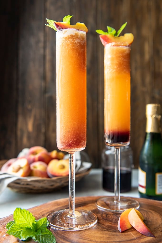 Frozen Peach Bellini in champagne flute