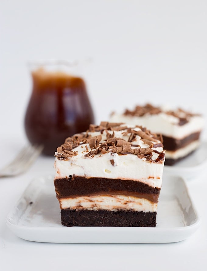 Slice of chocolate lasagna on white plate