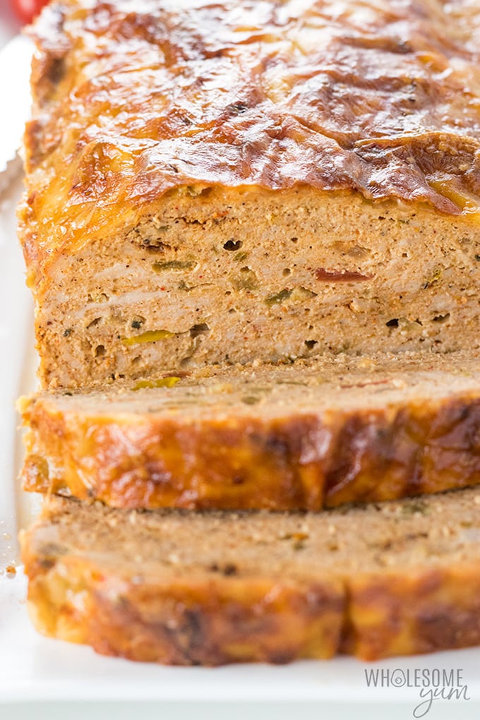 sliced spicy ground turkey meatloaf recipe with salsa, parmesan and pepper jack cheese