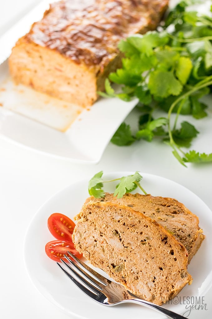 Spicy ground turkey meatloaf recipe, slices on a white plate