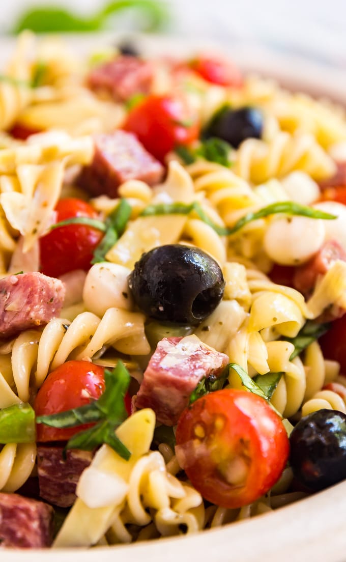 close up of antipasto pasta salad