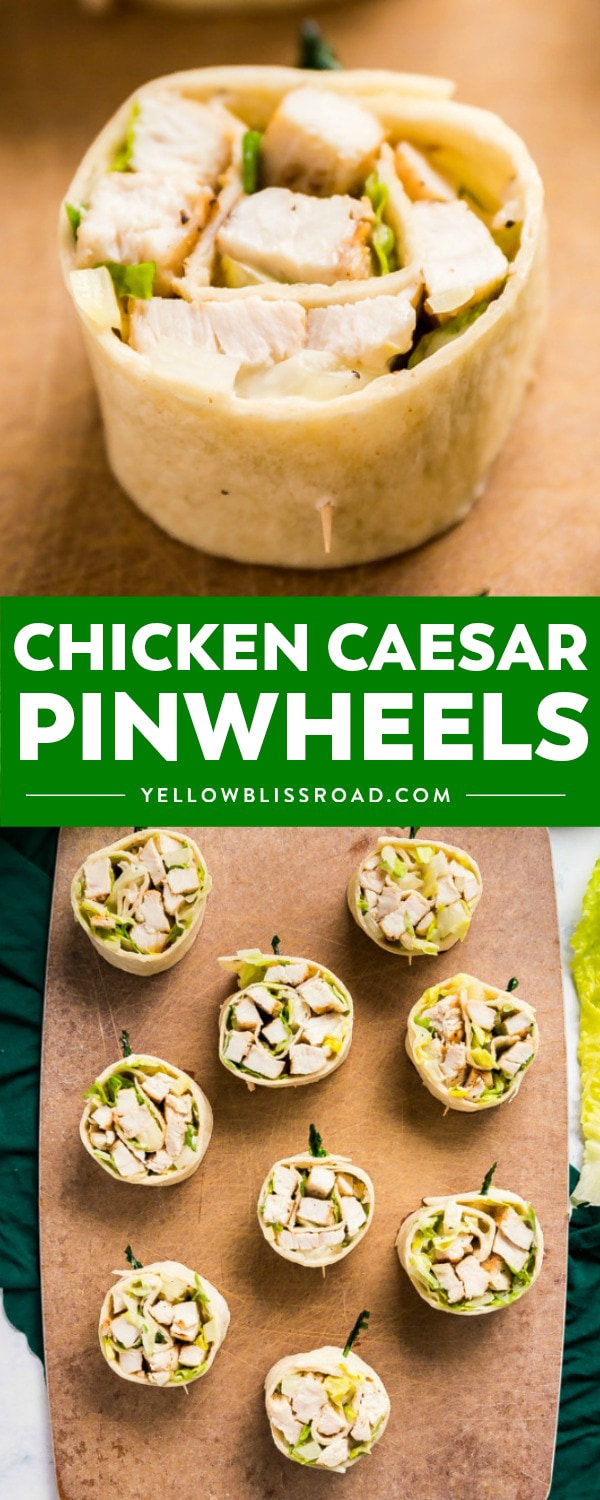 Chicken Caesar Salad Pinwheels make a light and delicious lunch or and super tasty appetizer! They're also an excellent way to use leftover chicken!