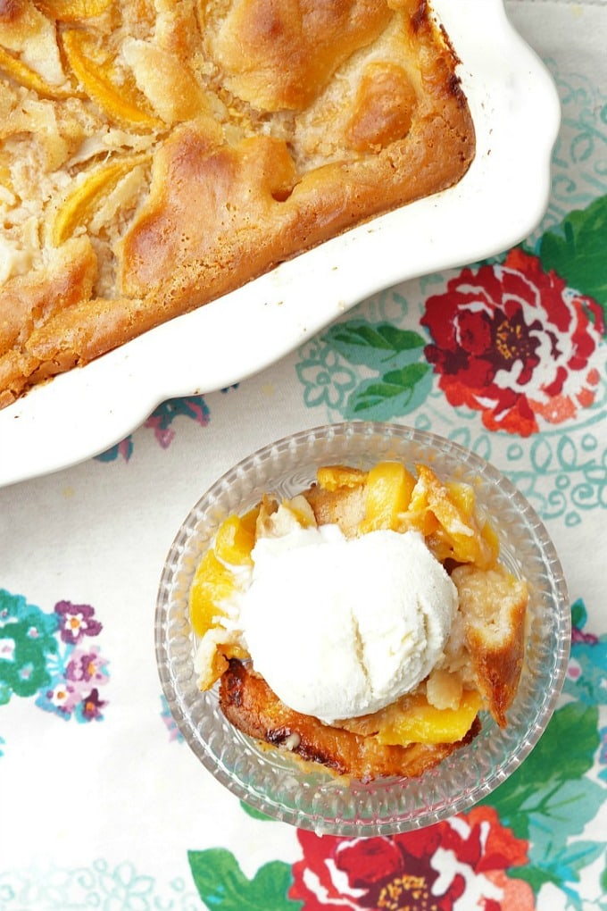 over head photo of peach cobbler in a baking dish and portion in a dessert bowl