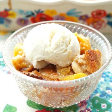 A bowl of Peach Cobbler