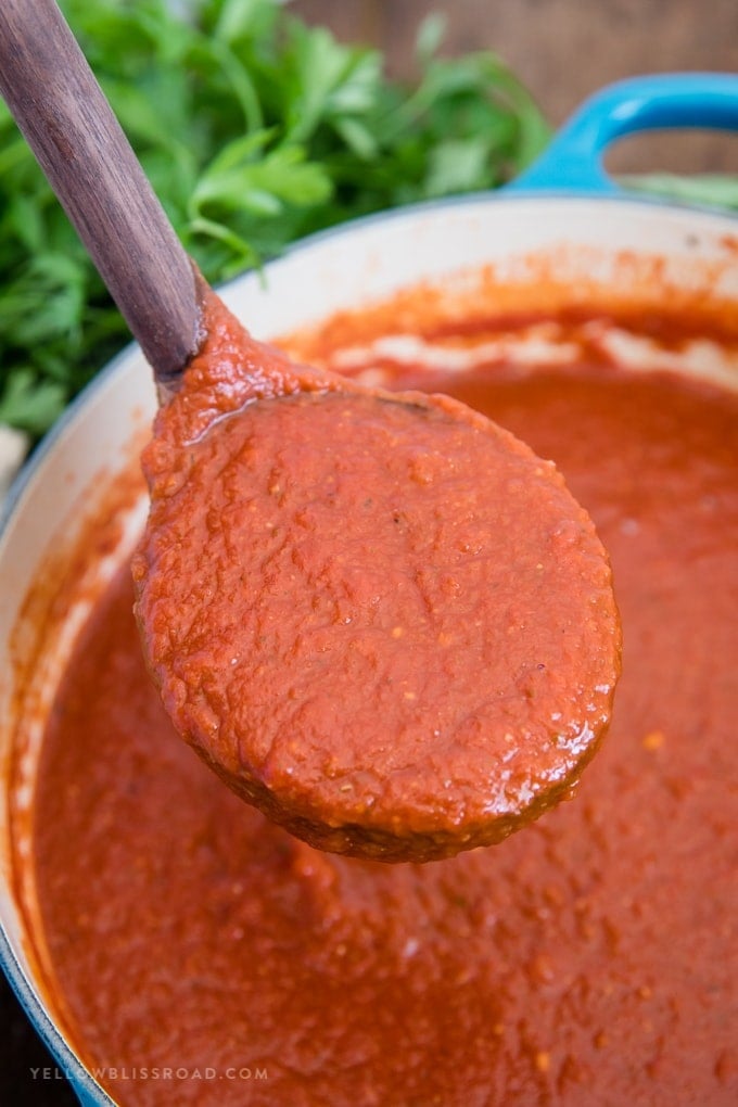 Easy Homemade Spaghetti Sauce in a pot with a ladle
