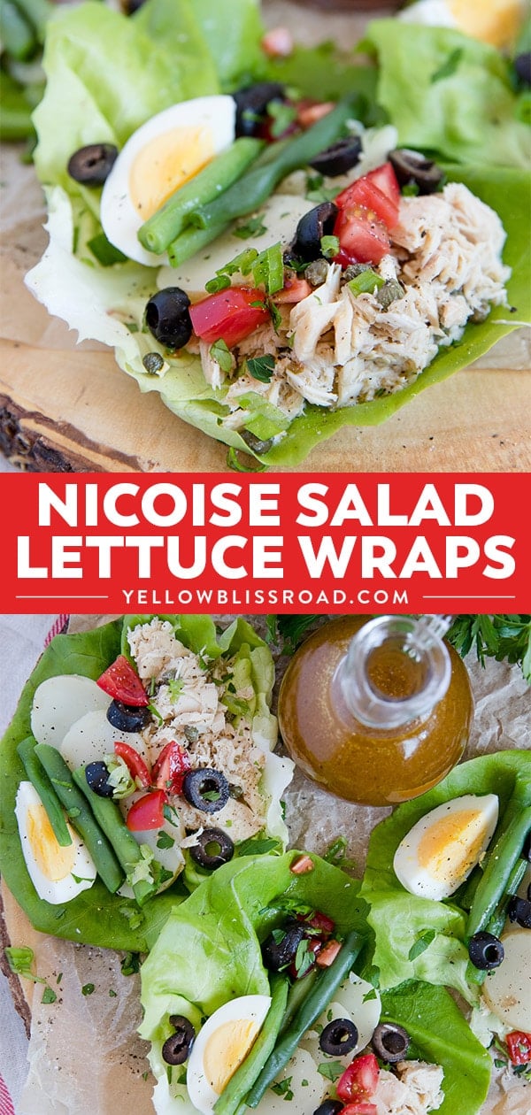 Nicoise Salad Lettuce Wraps - two images in a collage with text