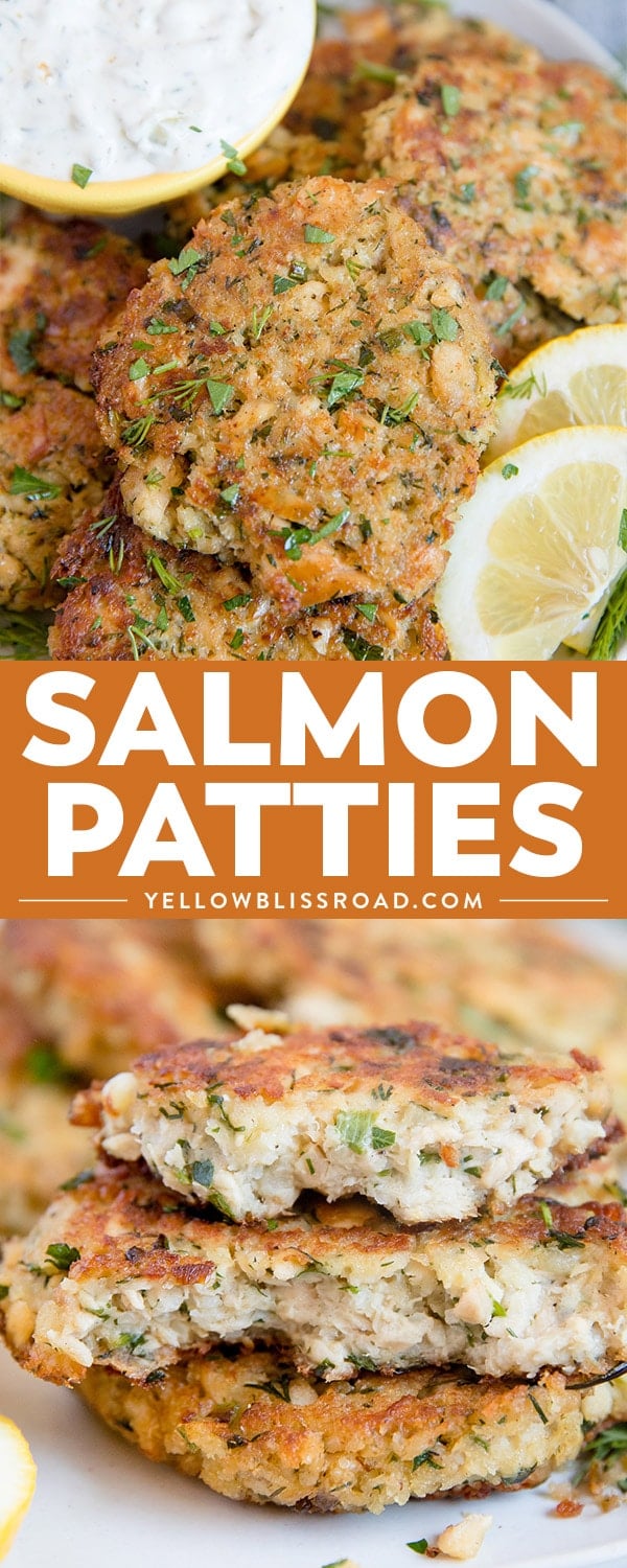 salmon patties on a plate with homemade tartar sauce and lemon wedges | salmon patty recipe | salmon cakes