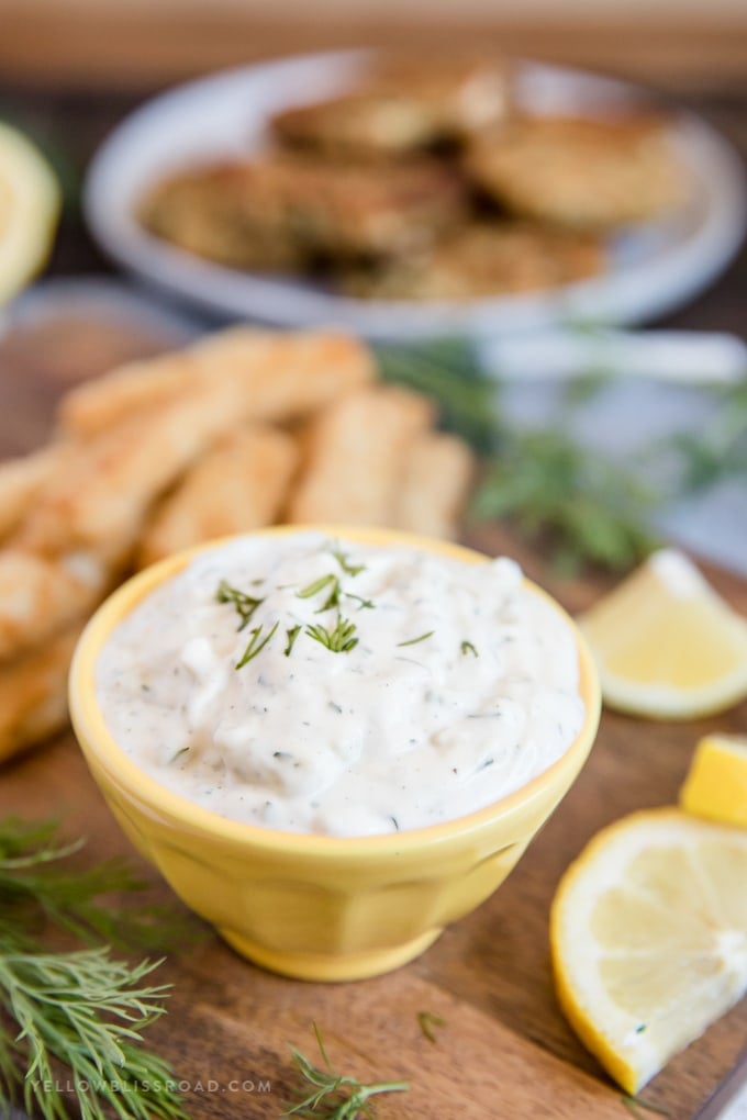 homemade tartar sauce recipe - with fish sticks and salmon cakes and lemon wedges