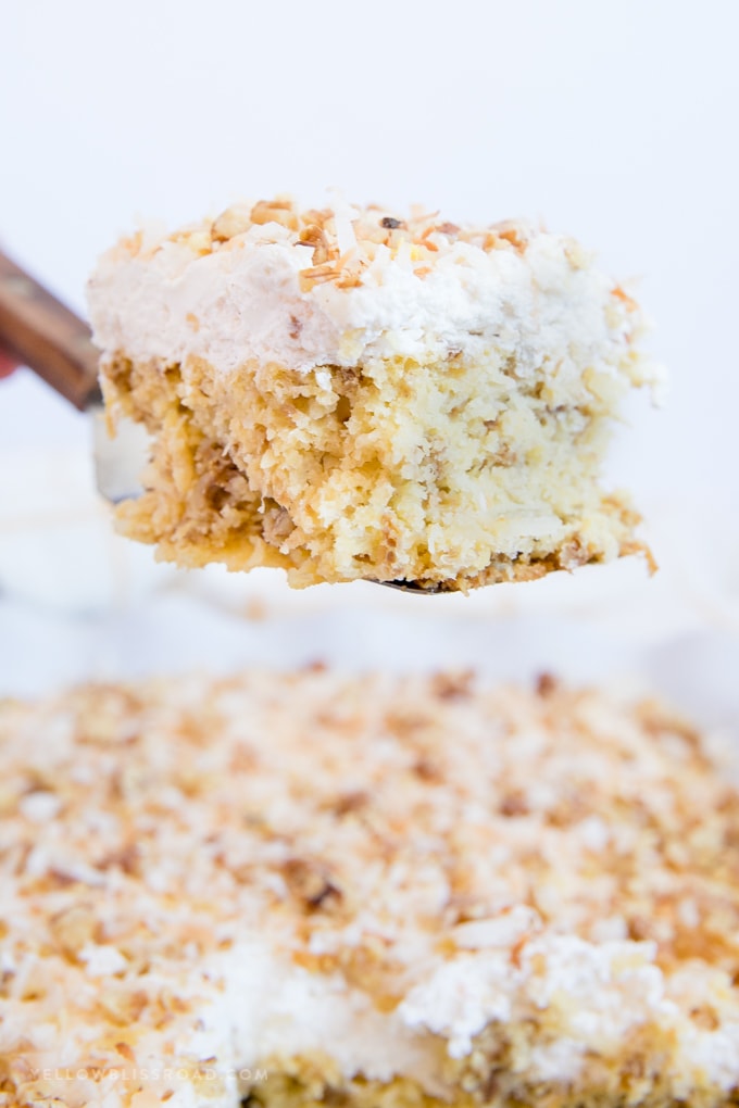 Slice of walnut pineapple cake with coconut