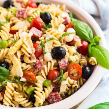 A bowl of Antipasto Pasta Salad