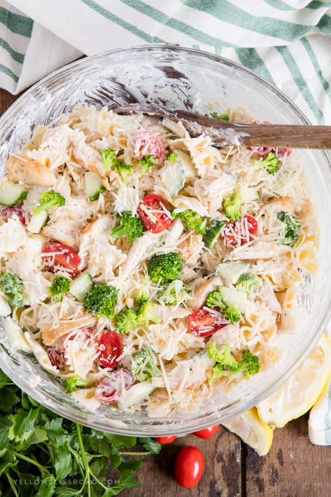 A big bowl of chicken and veggie pasta salad with creamy lemon pasta salad dressing