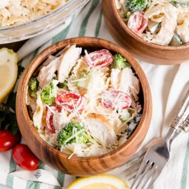 social media square image for chicken pasta salad