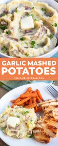 long vertical image with garlic mashed potatoes in a serving bowl and plated for dinner