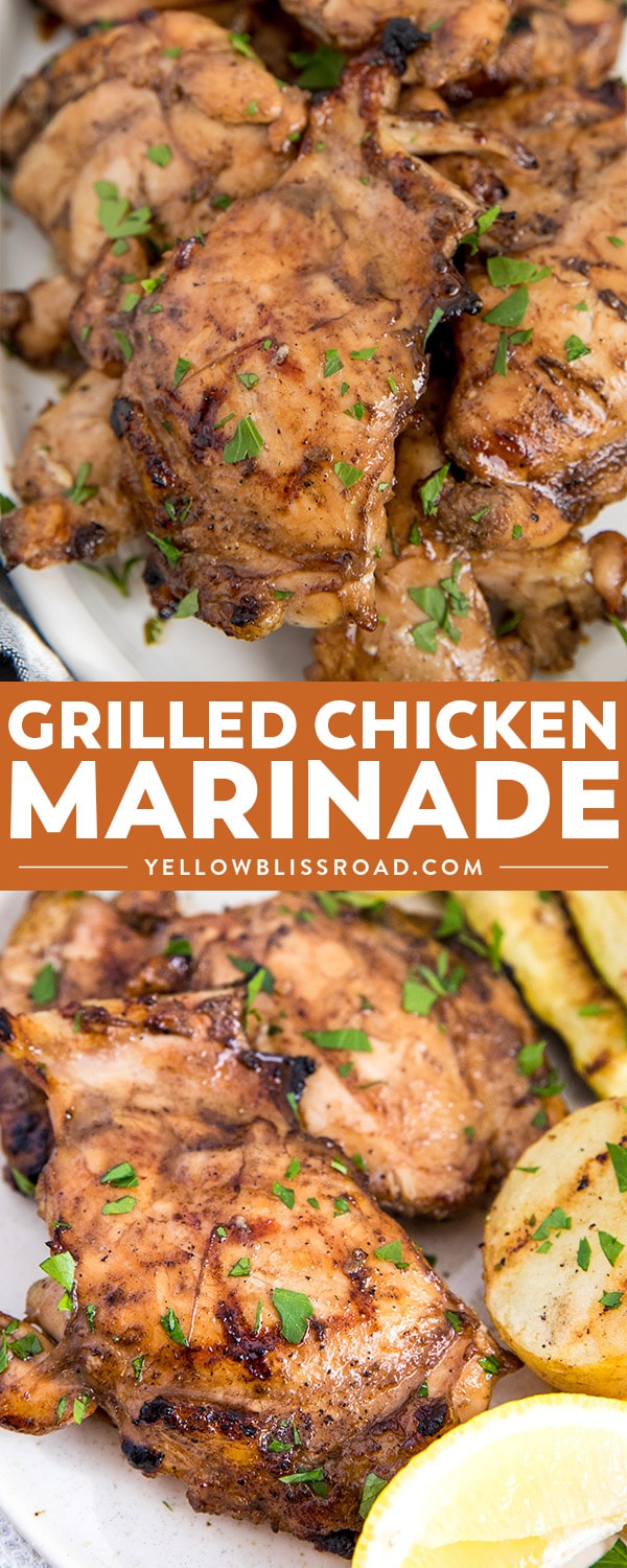 A great grilled chicken marinade is essential for summer grilling. This delicious marinade packs a flavor punch and is perfect for all kinds of chicken! A great grilled chicken marinade collage