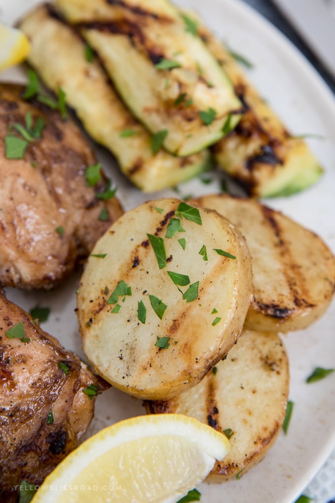 grilled potatoes, grilled chicken and grilled zucchini