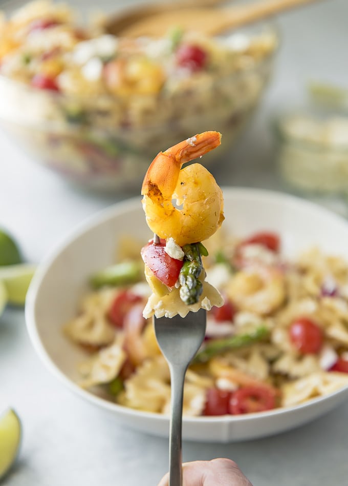 a bite of Grilled Shrimp Pasta Salad on a fork