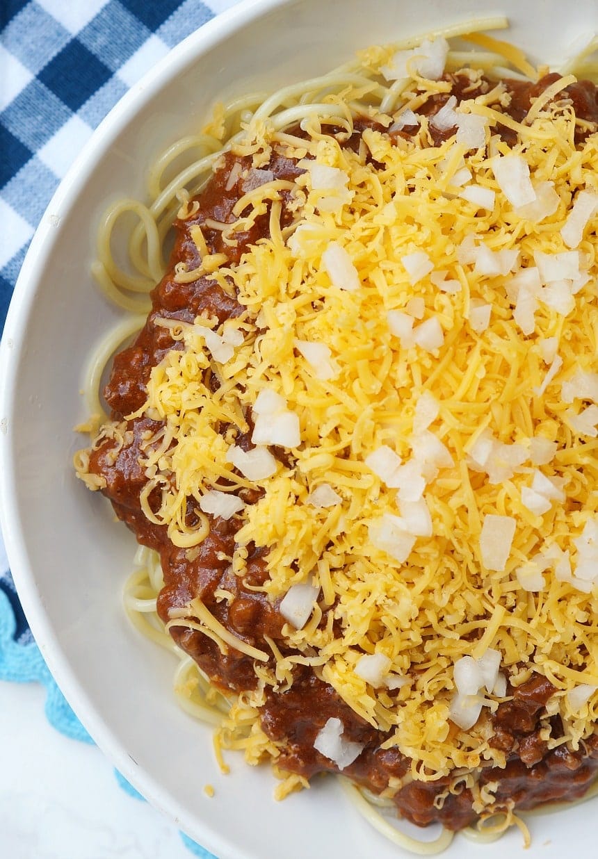 instant pot skyline chili topped with cheese and onions