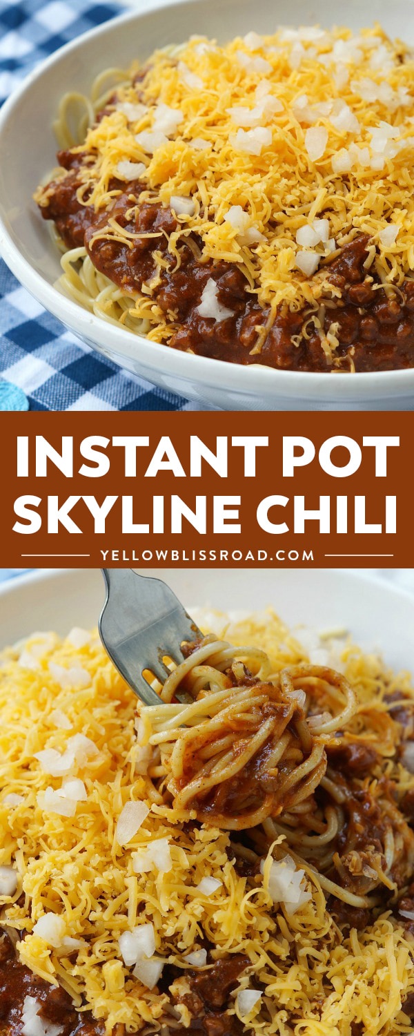 Instant Pot Skyline Chili is an extra fast version of the classic Cincinnati Chili served over spaghetti and topped with tons of cheese & onions!