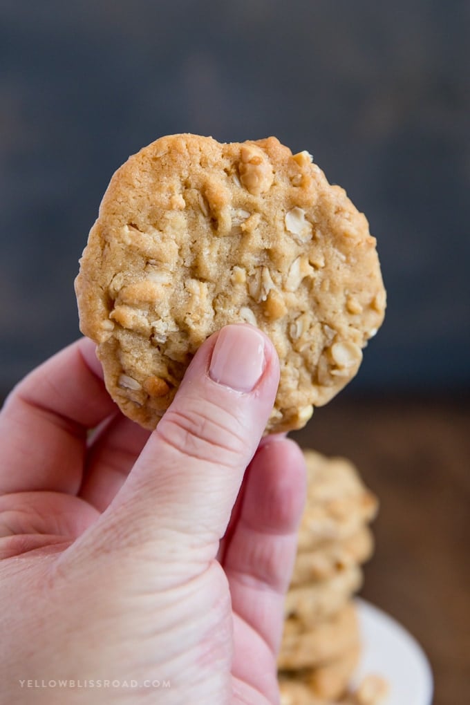An Oatmeal Peanut Butter Cookie held up in someone's hand.