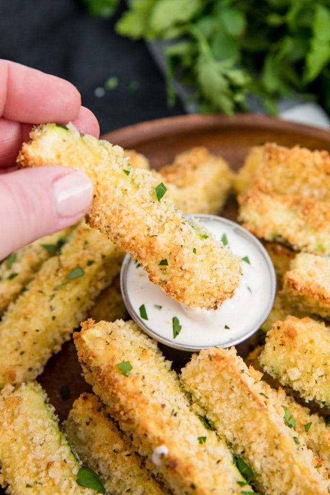 baked zucchini fries dipped in ranch dressing.