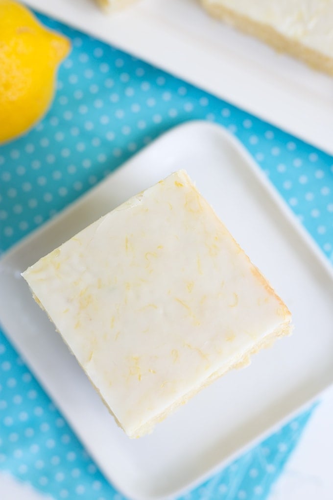 top view of lemon brownies with lemon glaze