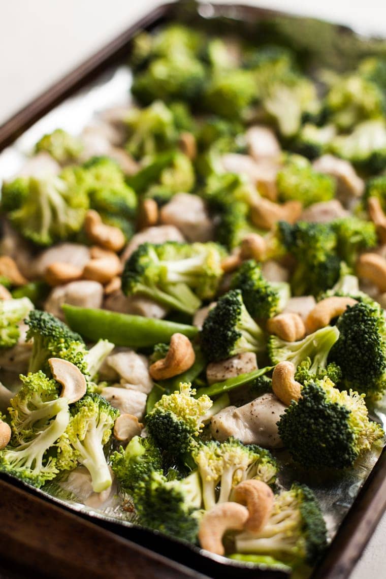 Cashew Chicken and Broccoli on sheet pan