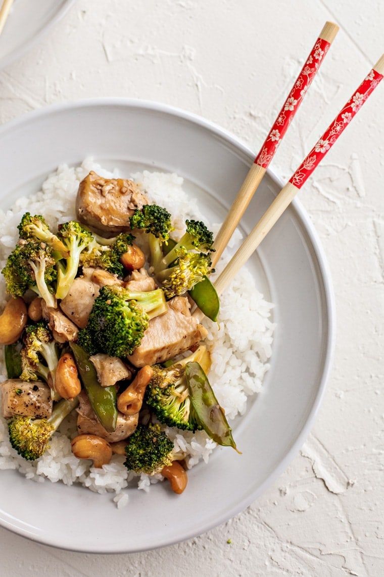 Cashew Chicken and Broccoli. Quick and easy sheet pan dinner ready in just twenty minutes!