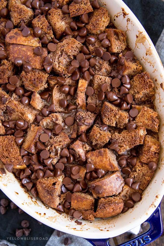 chocolate bread pudding with chocolate chips on top