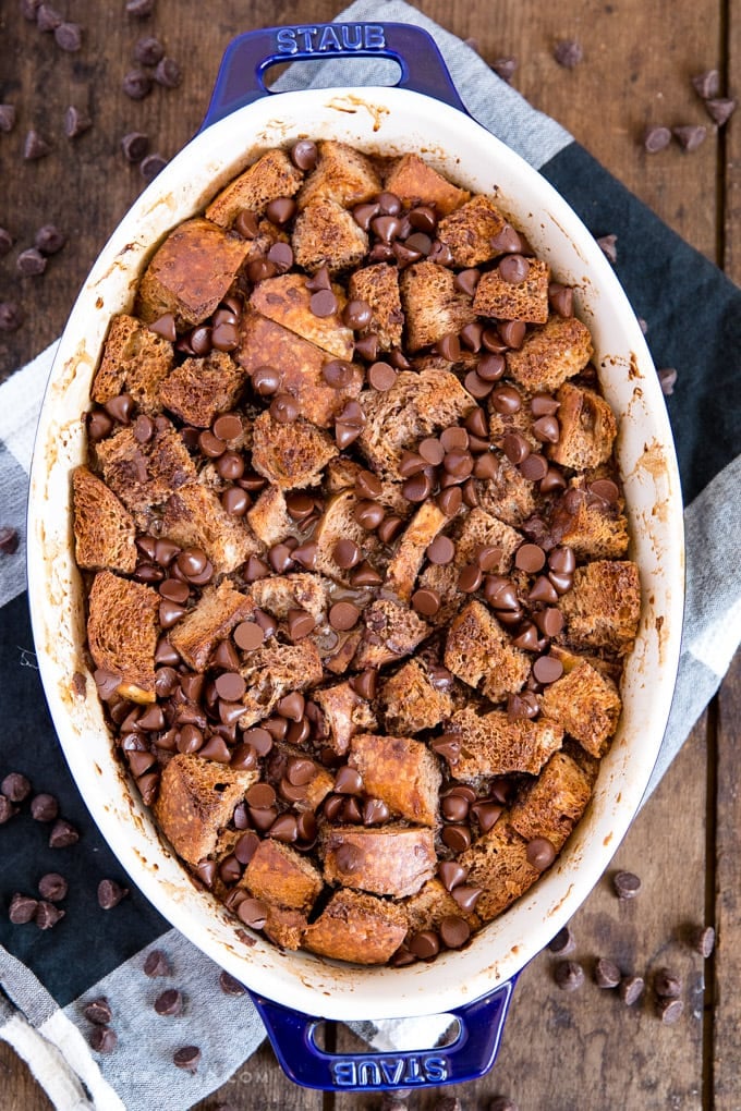 an overhead view of a pan of chocolate bread pudding