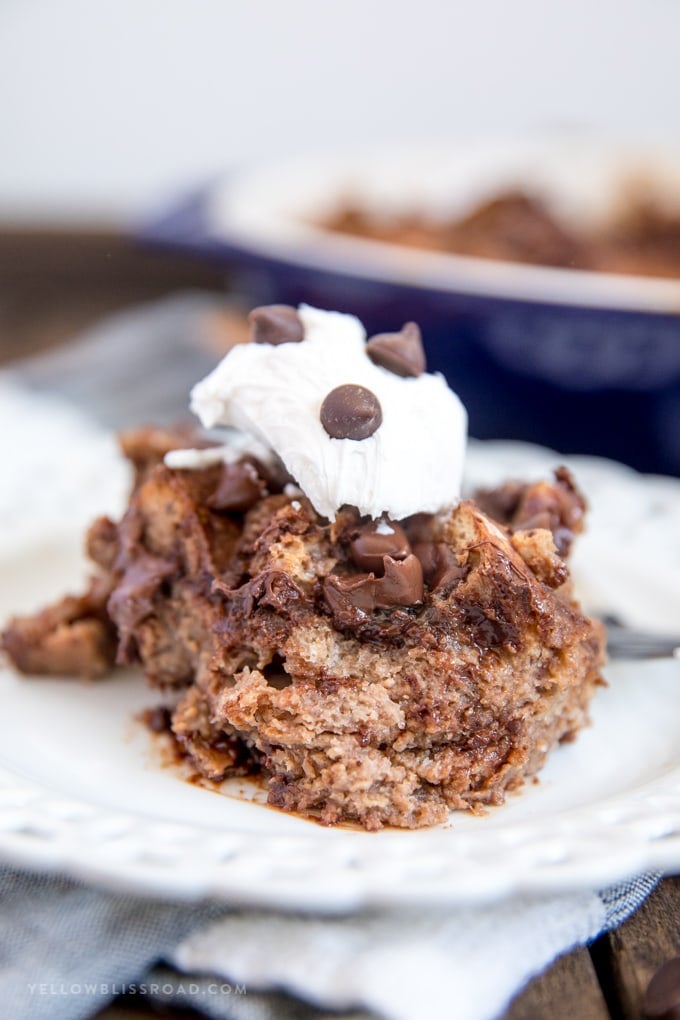 a serving of chocolate bread pudding on a plate.