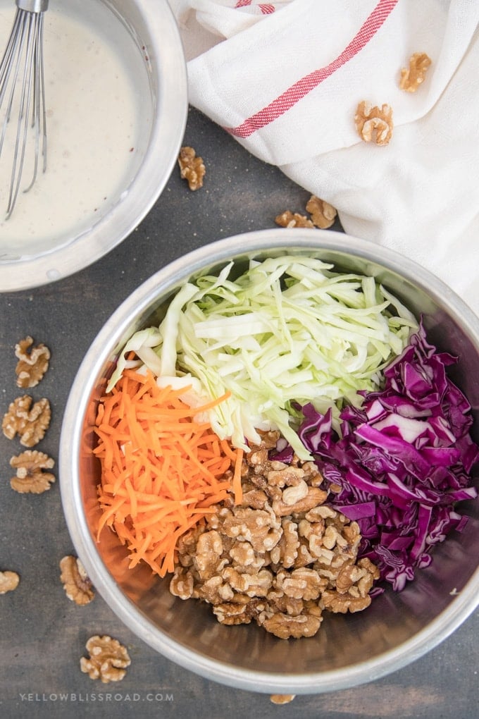 ingredients in bowls for making creamy coleslaw dressing recipe