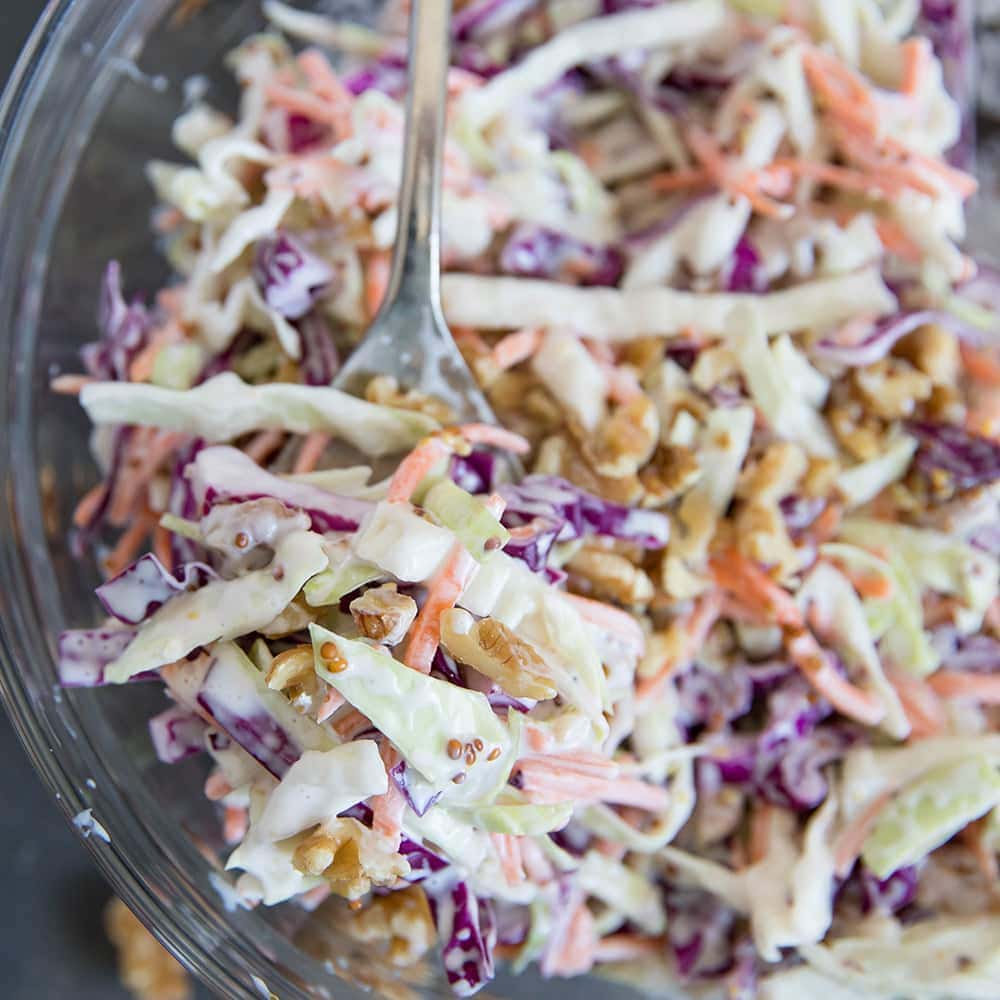 A close up of a bowl of Coleslaw