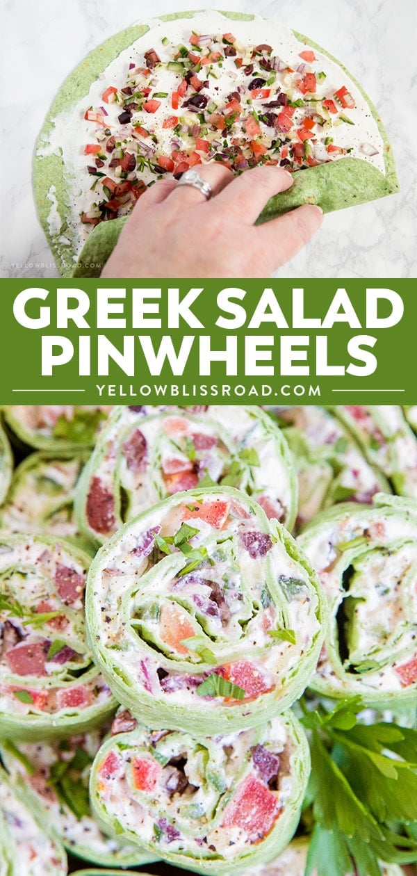 greek salad pinwheels with two images and text - collage
