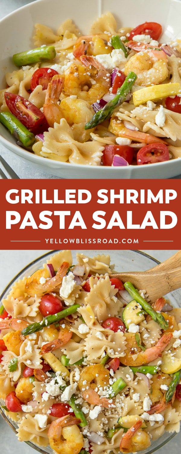 Turn a classic summer side dish into a main course when you serve up a batch of this Grilled Shrimp Pasta Salad! Turmeric-kissed grilled shrimp are tossed in a seasonal pasta salad, complete with asparagus, fresh tomatoes, and summer squash.