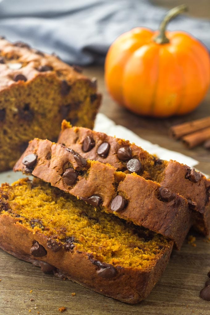 Moist pumpkin bread with chocolate chips is the perfect chocolate & pumpkin treat for fall. 