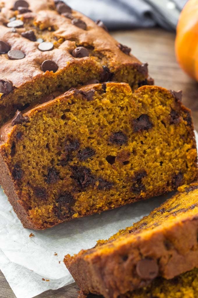 Pumpkin bread with chocolate chips is moist, packed with flavor & impossible to resist. Perfect for pumpkin season. 