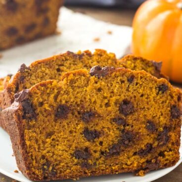 This pumpkin bread with chocolate chips is moist, tender and filled with warm spices.