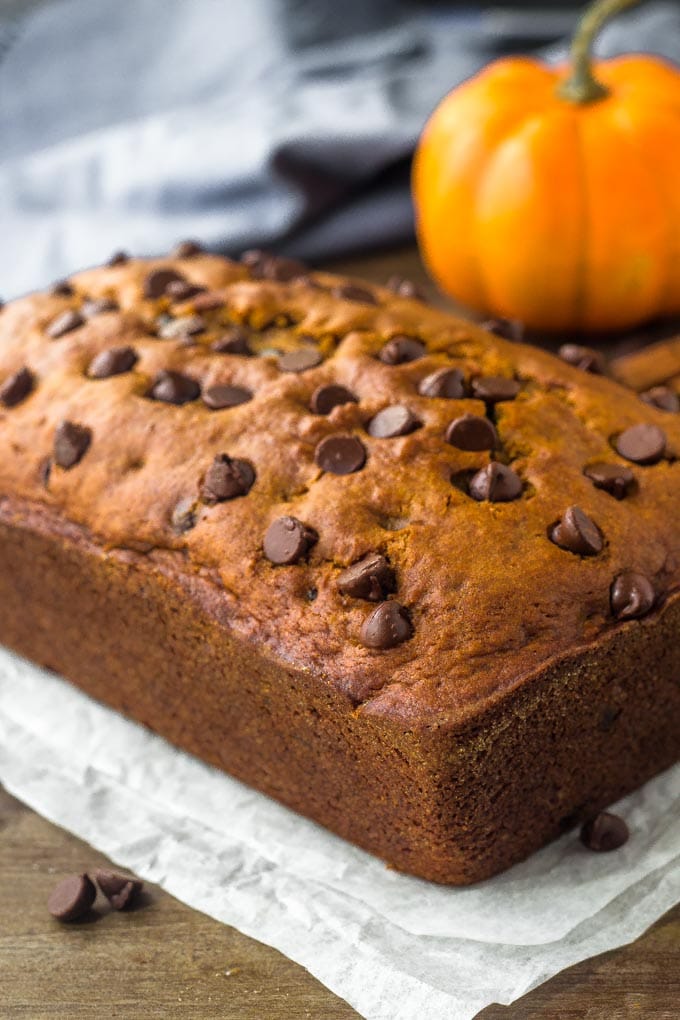 Moist pumpkin chocolate chip bread filled with pumpkin spice