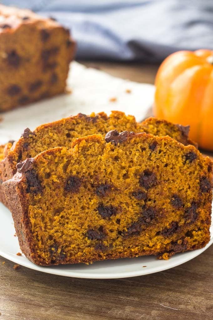 This pumpkin bread with chocolate chips is moist, tender and filled with warm spices. 
