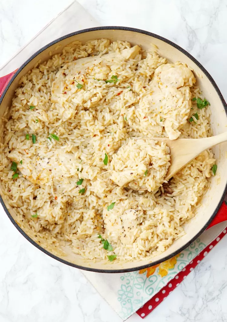 overhead view of Skillet Garlic Chicken and Rice Casserole in pan