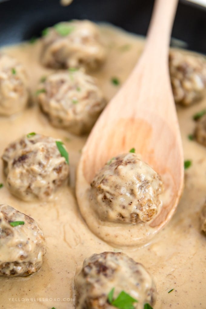 Swedish meatball recipe in a pan with a spoon