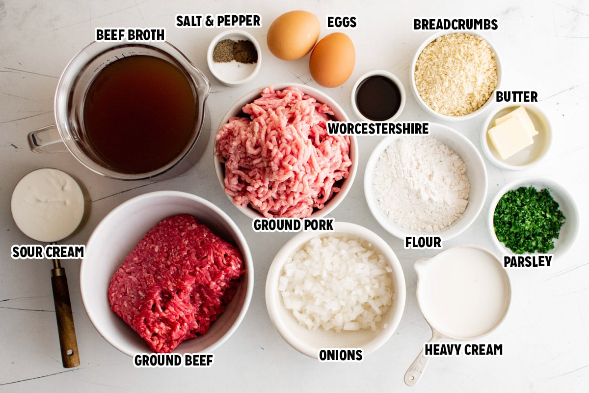 Swedish Meatballs are tender meatballs made with ground beef and ground pork smothered in a sour cream gravy and served over mashed potatoes or noodles.